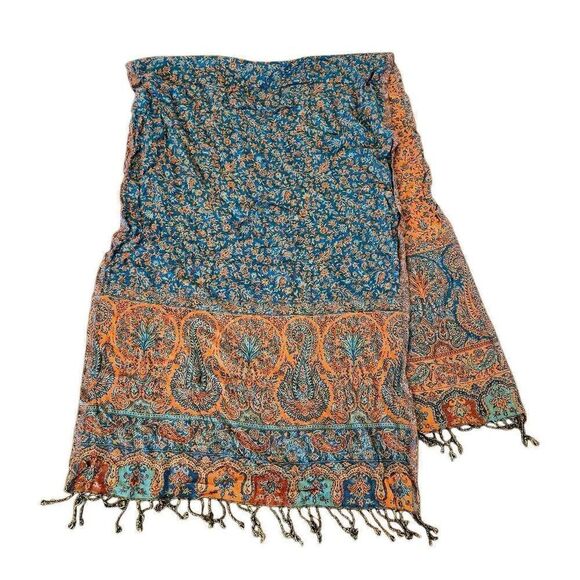 Cashmere, Silk & Viscose Blue & Beige Shawl w Fringe - Picture 5 of 7